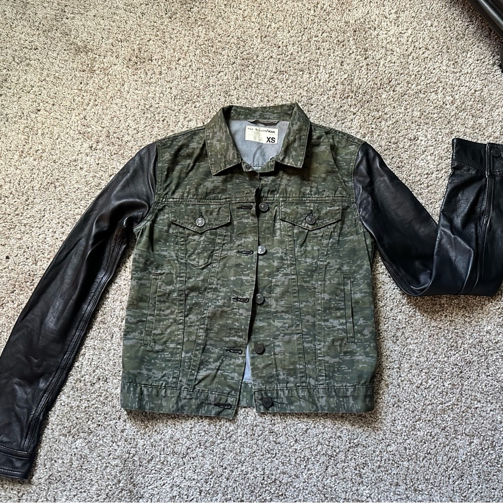 Rag & Bone Camouflage women's Jean Jacket with Leather Sleeves